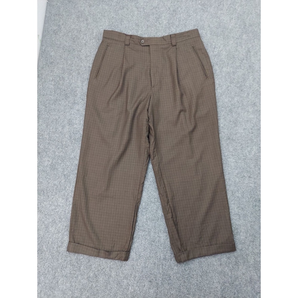 Hickey Freeman Pants Mens 38 Brown Plaid 100% wool Italy Made Pleated Cuffed